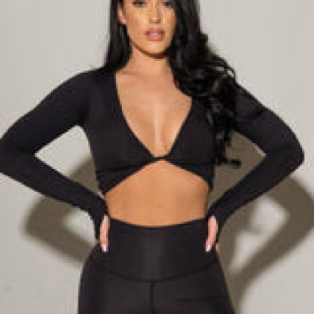 Agent74 Lux Laguna L/S Crop Top Twist Front Deep V-Neck XS/S Black